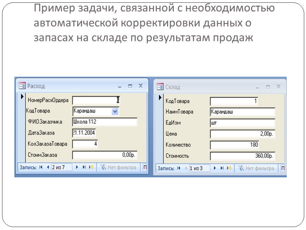 Пример задачи, связанной с необходимостью автоматической корректировки данных о запасах на складе по результатам
